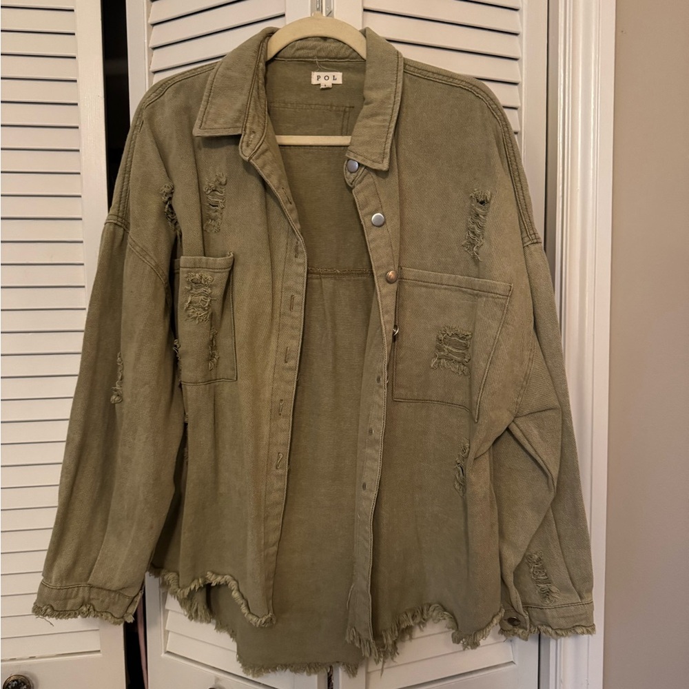 POL Olive Distressed Shacket